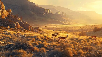 A late afternoon in a semi-arid steppe - obrazy, fototapety, plakaty