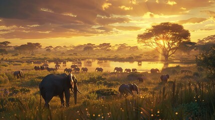 Herd of elephants at sunset