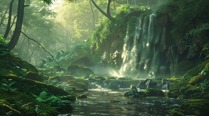 A lush landscape featuring a cascading waterfall