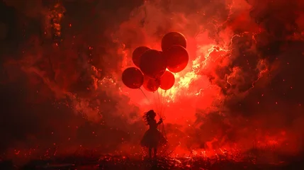  Silhouetted girl holding balloons stands amidst a fiery red, apocalyptic-like fantasy landscape. digital art style, illustration painting. © Sak