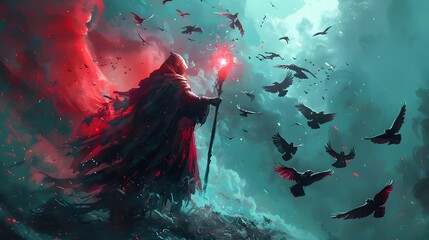 In a storm of red and teal, a shrouded figure with a staff conjures magic, surrounded by a flurry of birds in flight, Digital art style, illustration painting. - obrazy, fototapety, plakaty