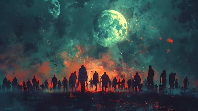 Zombie figures loom in the foreground of a dystopian scene, illuminated by the haunting light of a large green moon, Digital art style, illustration painting.