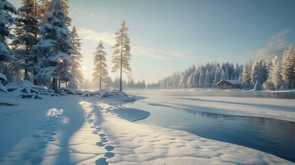A serene winter landscape showing a frozen lake