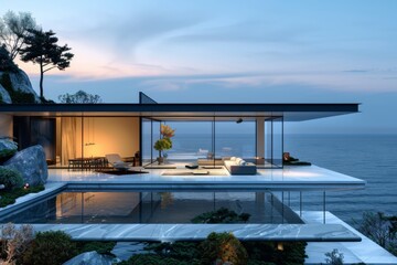 Fototapeta premium Luxury Island Villa With Infinity Pool At Sunset.