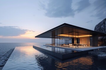 Luxury Island Villa With Infinity Pool At Sunset.