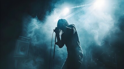 person in the dark singing, singer on stage