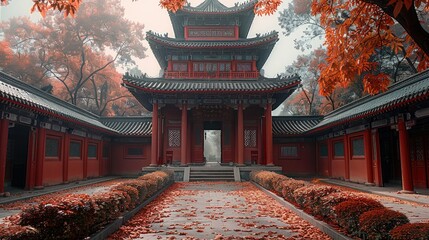 A Chinese Buddhist temple with traditional architecture, leaves, red walls. Generative AI.