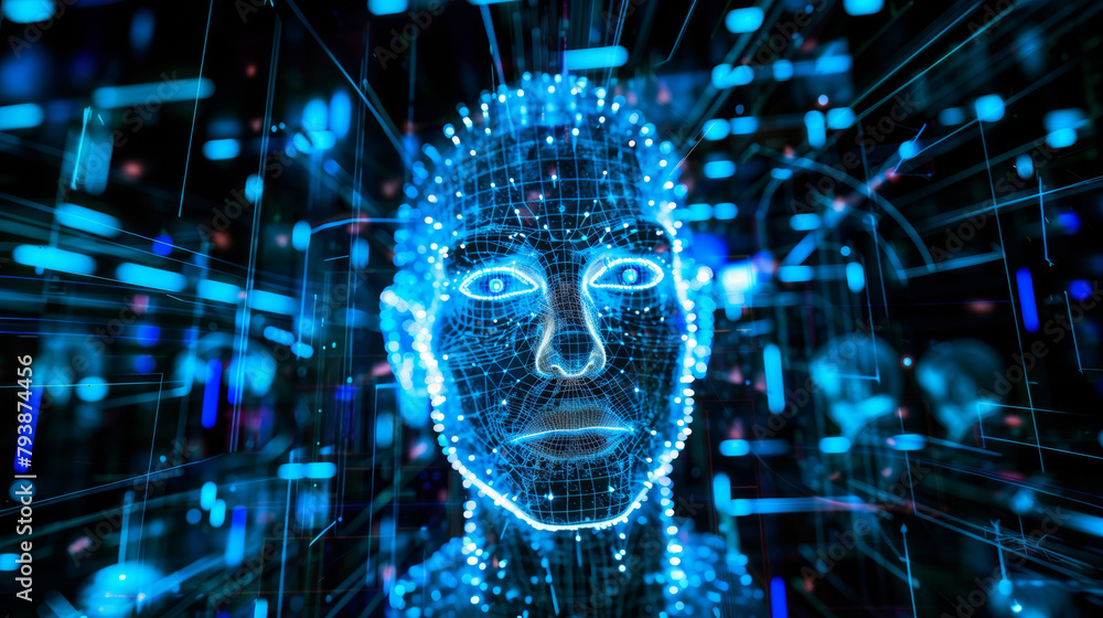 Aufkleber digital facial recognition structure on a dynamic blue background