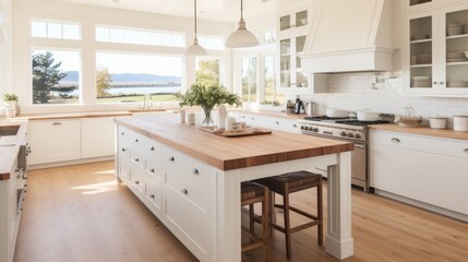A spacious kitchen featuring a large center island with stylish stools for casual dining