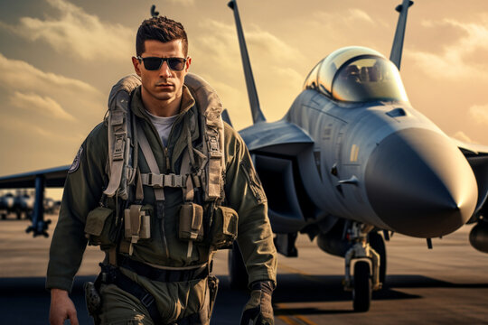 Military fighter pilot in flight uniform. Military pilot against the background of a combat aircraft. Test pilot and supersonic aircraft.