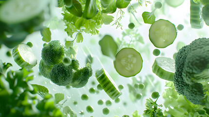 Airborne Emerald Kaleidoscope of Suspended Veggies - obrazy, fototapety, plakaty