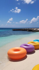 Fototapeta na wymiar Bright inflatable rings on tropical beach with crystal clear water