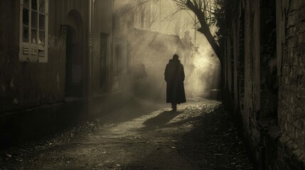 Enigmatic Figure in Trench Coat Roaming in Abandoned Alley Vintage Picture. - obrazy, fototapety, plakaty
