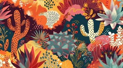 Seamless pattern with cactuses and succulents. Illustration. Ai generative. - obrazy, fototapety, plakaty