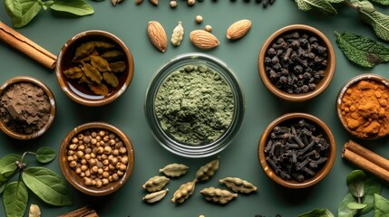 A flat lay of various natural ingredients used in traditional Indian herbal medicine, including fresh herbs and spices like cardamom, cinnamon, ginseng, and black icy charcoal. Generative AI.