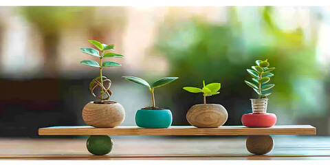 Four small plants on a wooden balance, symbolizing harmony and equilibrium in nature.