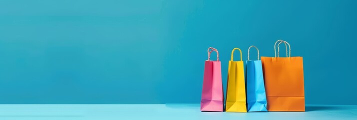 Vibrant paper shopping bag set against a blue backdrop with space for text