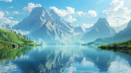 An idyllic landscape with a serene mountain lake - obrazy, fototapety, plakaty