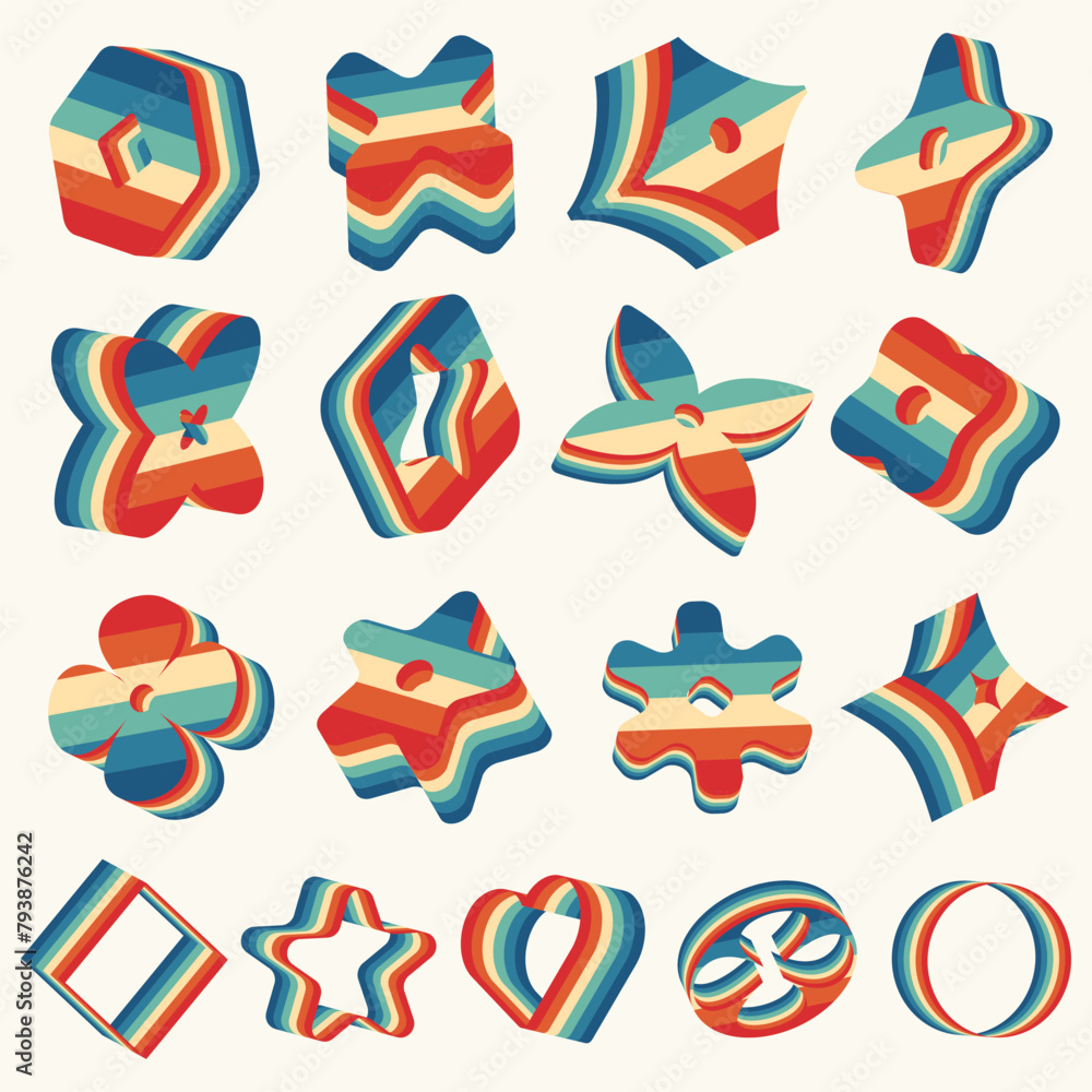 Poster 3d brutalist abstract geometric shapes elements with retro striped texture set. retro aesthetics des