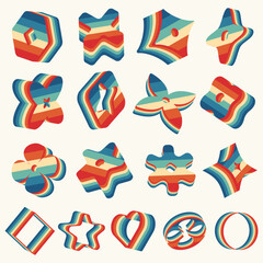 3D Brutalist abstract geometric shapes elements with retro striped texture set. Retro aesthetics design elements. Create 3D icons.Abstract geometric three dimensional figures in vintage style. Vector