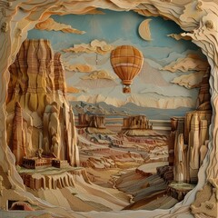 Intricate papercuts portray a hot air balloon ride over a vast desert landscape, dotted with towering rock formations and mysterious ruins, hinting at ancient secrets waiting to be discovered - obrazy, fototapety, plakaty