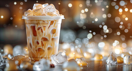 A cup of iced latte on ice tower with ice in it. Generative AI.