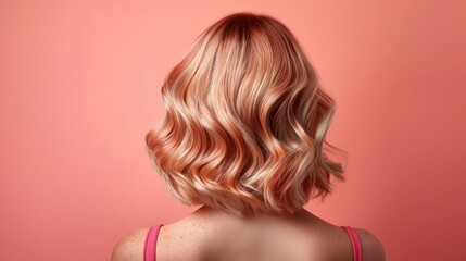 Fototapeta premium trendy women's hair styling blonde large curls. peach fuzz color, girl in profile with professional hair styling, back view