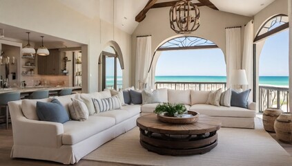 Rosemary Beach, FL USA - August 2, 2023: The Living Room in a luxury vacation rental home on Rosemary Beach, Florida along 30A.
