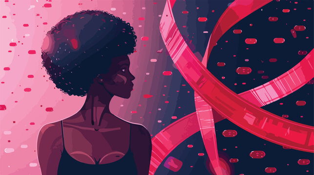 Black Woman near big pink ribbon as Breast cancer