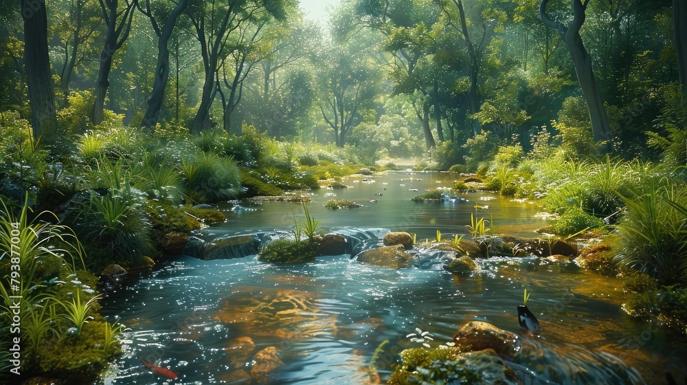 Poster A lush wooded area with a flowing stream and various types of vegetation like. Generative AI.