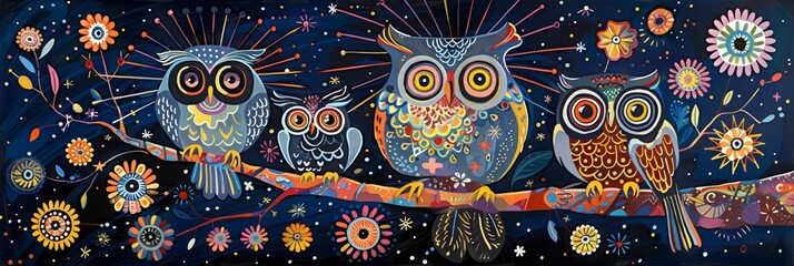 A dazzling display of fireworks lit up the night sky, reflected in the wide eyes of a family of owls perched on a brightly painted branch, celebrating the arrival of spring