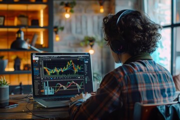 A dynamic office scene with a young professional discussing Bitcoin investments over a video call, laptop screen visible with crypto charts - obrazy, fototapety, plakaty