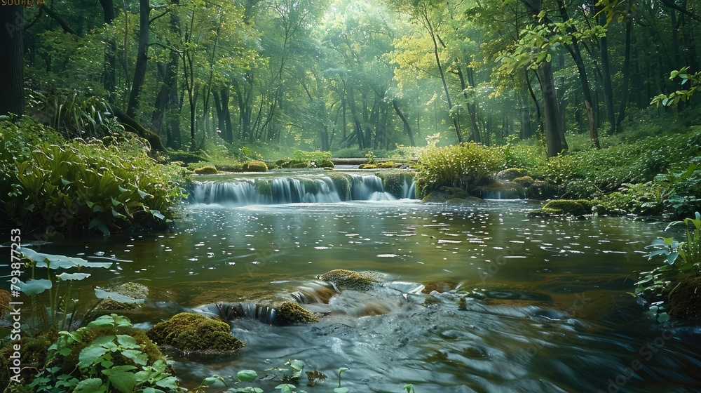 Poster A lush wooded area with a flowing stream and various types of vegetation like. Generative AI.