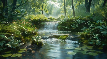A lush wooded area with a flowing stream and various types of vegetation like. Generative AI.