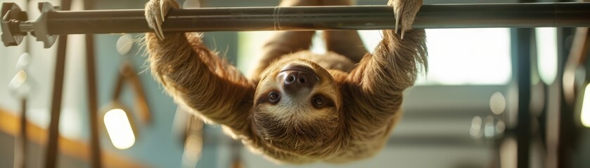 Naklejka premium A fluffy sloth hung upside down from a gym bar, meticulously doing slowmotion stretches to improve its impressive flexibility