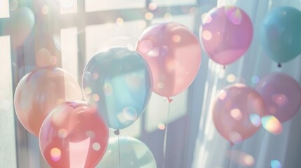Pastel Colored Helium Balloons Floating in Sunny Room. - obrazy, fototapety, plakaty