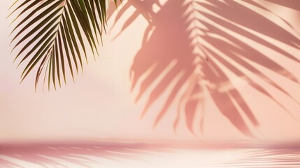Fototapeta na wymiar Soft pastel hues of a tropical scene with palm leaves casting shadows on a textured coral backdrop, embodying calm and a warm, summery atmosphere