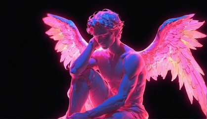 pink neon light glowing male angel statue on plain black background from Generative AI