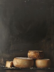 Aged cheese wheels and blocks on a rustic backdrop.