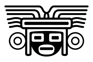 Head with mask large headdress, an ancient Mexican motif. Pre-Columbian, Aztec flat clay stamp motif, found in Tenochtitlan, the center of Mexico City. Isolated, black and white illustration. Vector
