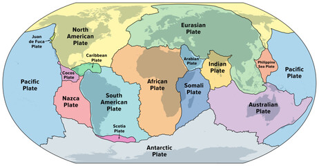 Principal tectonic plates of the Earth, world map. The sixteen major pieces of crust and uppermost mantle of the Earth, called the lithosphere, and consisting of oceanic and continental crust. Vector - obrazy, fototapety, plakaty
