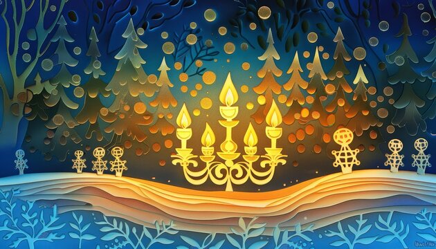 A Hanukkah scene unfolds in a beautiful papercut, a menorah with flickering flames casting a warm glow on dreidels spinning merrily