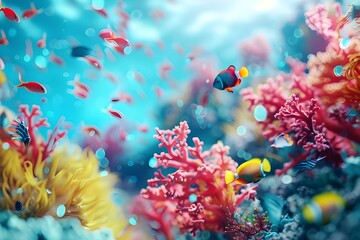 Fototapeta na wymiar Vibrant underwater seascape with schools of fish diverse coral reef life ideal for exotic aquarium backgrounds AI Generated