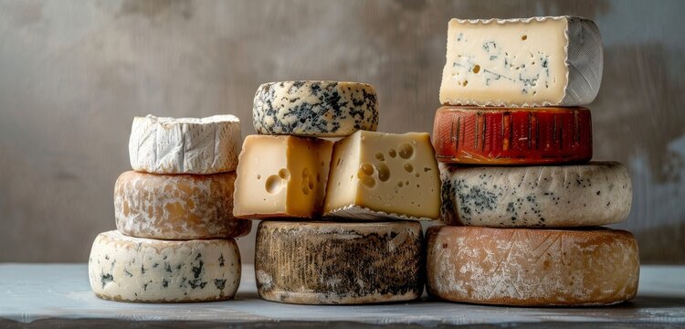 Aged artisanal cheese arranged on the marble surface.