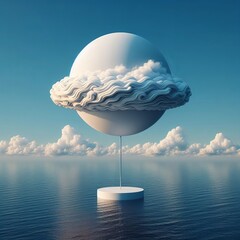 an surrealism simplicity abstract flying object, with ocean background.