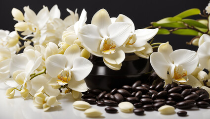 Naklejka na ściany i meble white orchid flowers laying on a pile of black and brown rocks