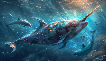 A narwhal with a sparkly horn that pulsed with rainbow colors, danced through the arctic sea with a pod of playful dolphins, their laughter echoing through the icy water - obrazy, fototapety, plakaty