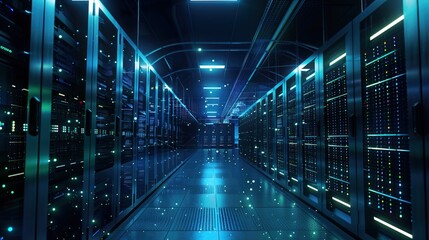Network and information systems in a modern data center with dynamic lighting, showcasing technology and connectivity