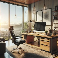 Interior of office at home setup with computer with desk and chair with a stunning view through the window - Generative AI