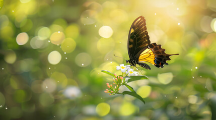 Golden Birdwing butterfly flying and feeding on white